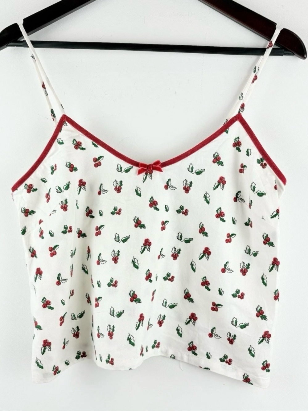 Women's Floral Print Velvet Red Bow White Tank Shirt Camisole Dainty Size Small